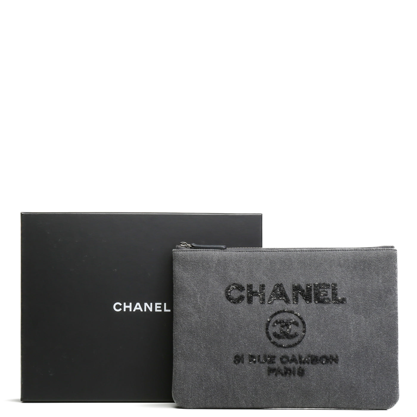 CHANEL Denim Sequin Deauville O-Case - Gray