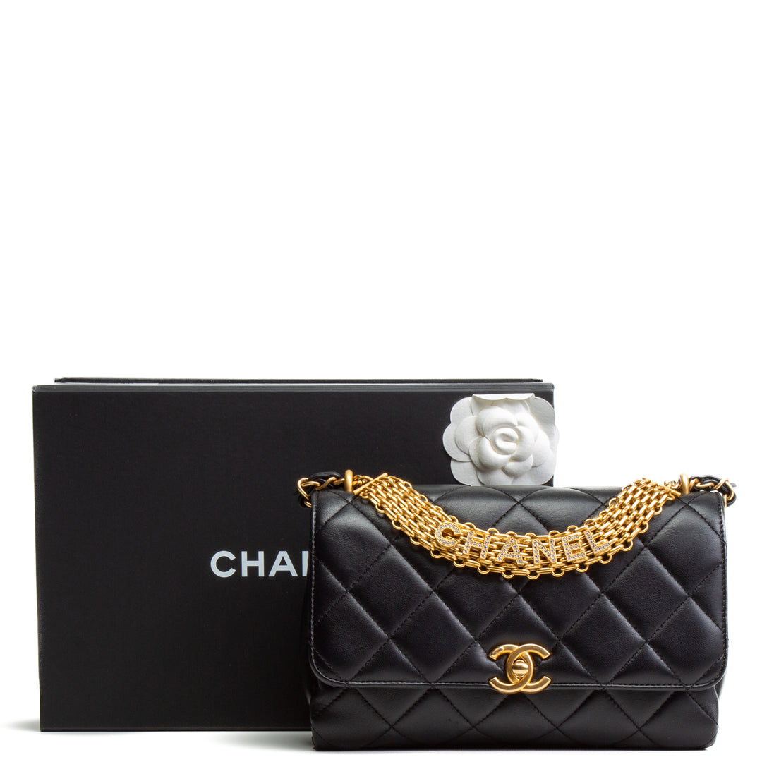 CHANEL CC Crystal Logo Chain Medium Flap Bag - Black