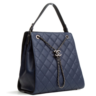 CHANEL CC Drawstring Medium Bucket Bag- Navy/Black