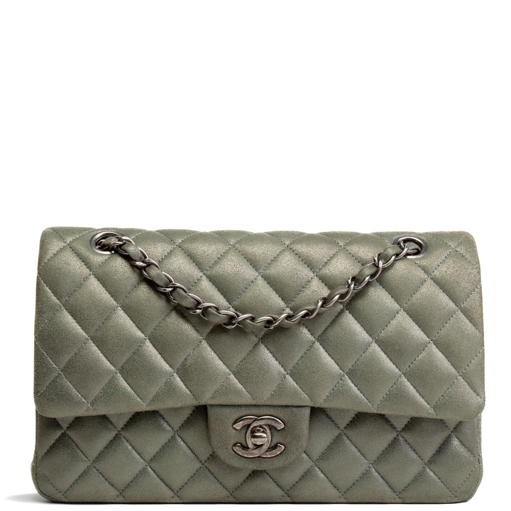 CHANEL Medium Double Flap - Iridescent Silver/ Moss Green