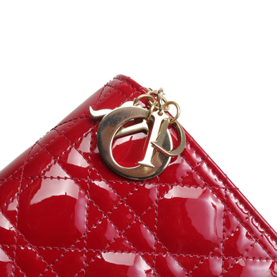 CHRISTIAN DIOR Patent Lady Dior Pouch On Chain - Cherry Red