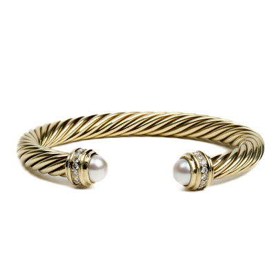 DAVID YURMAN 14k Yellow Gold Pearl and Diamond Cable Cuff Bracelet - FINAL SALE