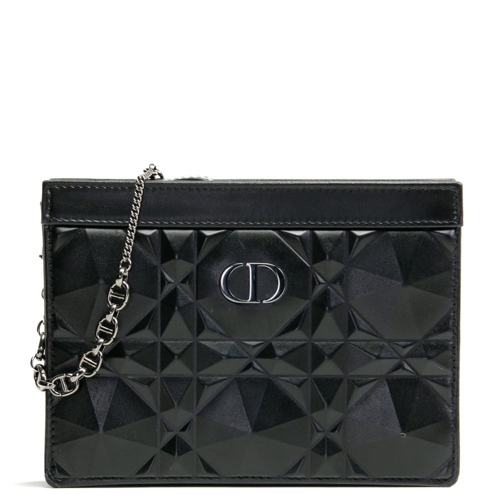 DIOR Caro Zipped Pouch w/ Chain Diamond Motif Cannage Calfskin- Black