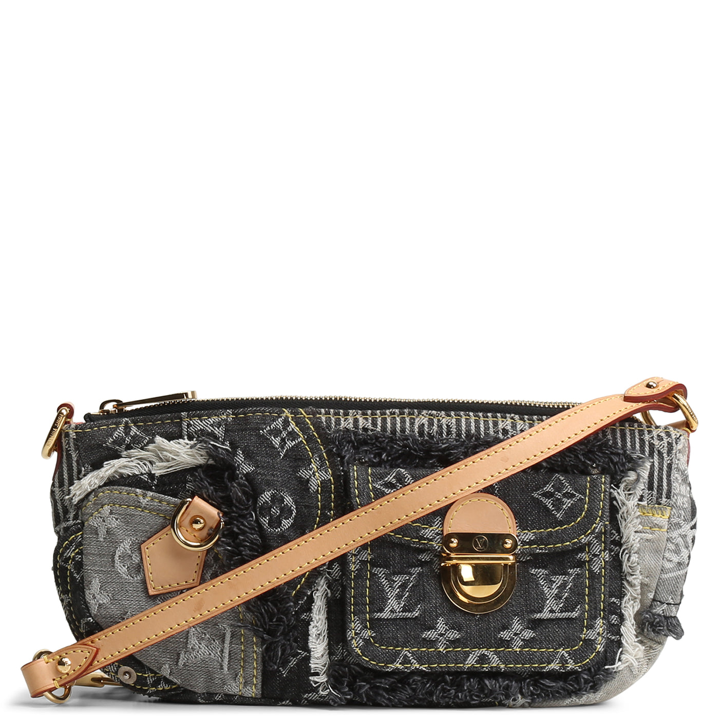 LOUIS VUITTON Monogram Denim Patchwork Pouchy Shoulder Bag- Black