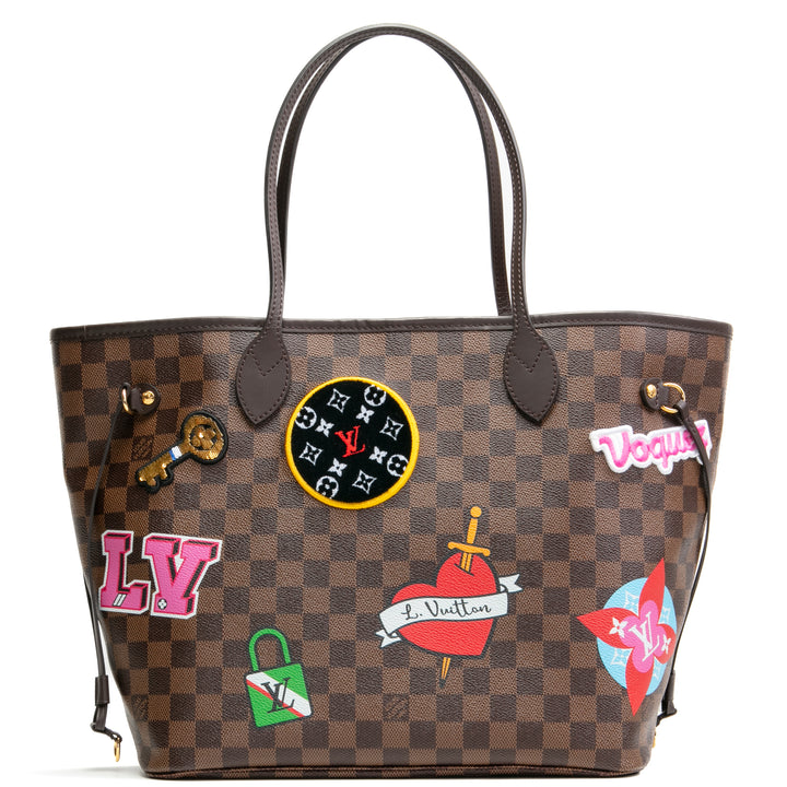 LOUIS VUITTON Limited Edition Damier Ebene Travel Patches Neverfull MM w/ Pouch