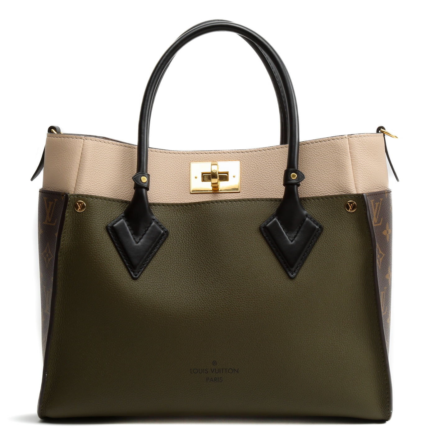 LOUIS VUITTON Calfskin Monogram On My Side MM Laurier Green & Toffee Latte Beige