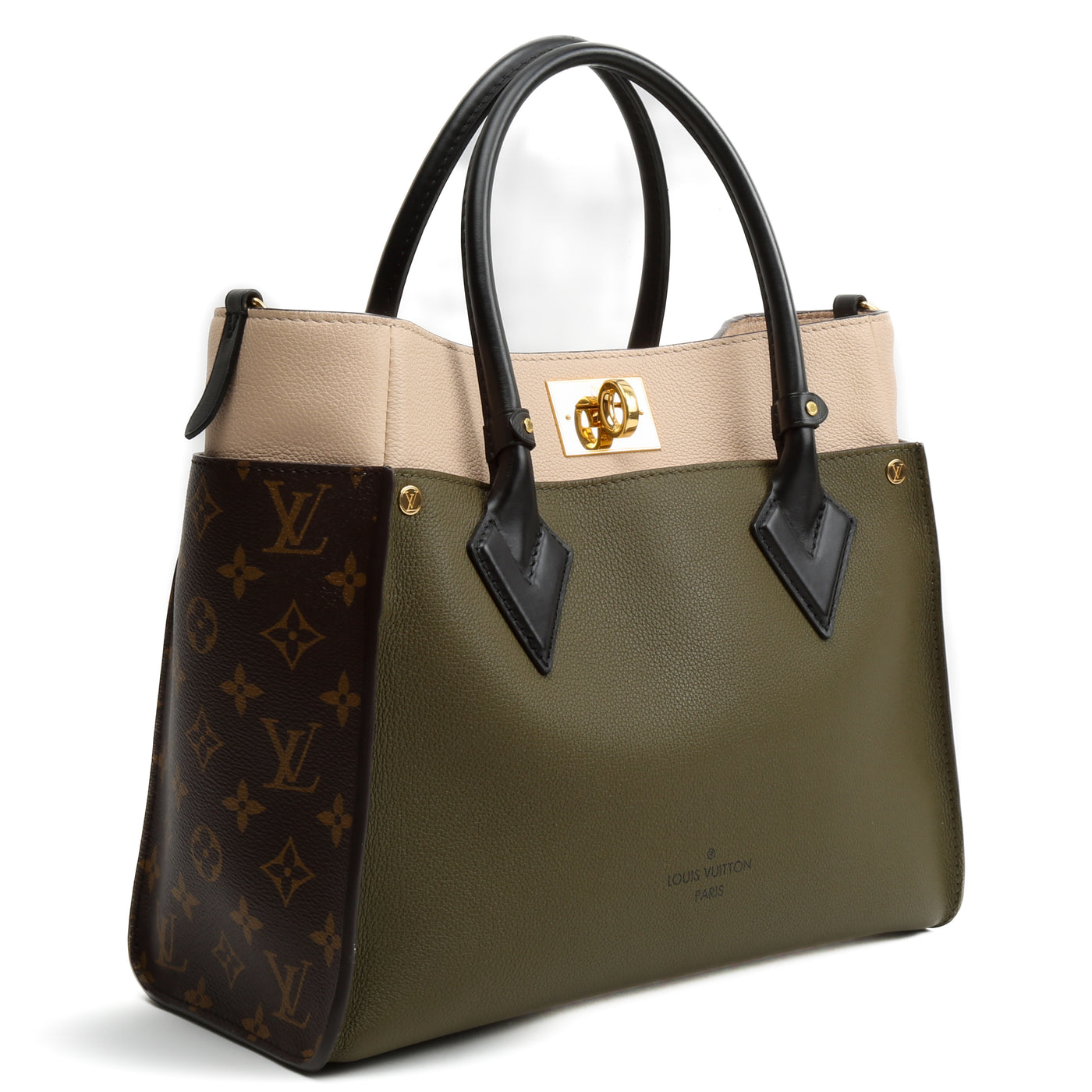 LOUIS VUITTON Calfskin Monogram On My Side MM Laurier Green & Toffee Latte Beige