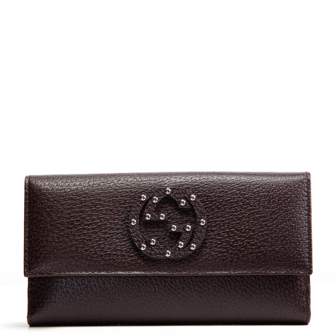 GUCCI Leather Studded Interlocking G Clutch/Wallet - Brown