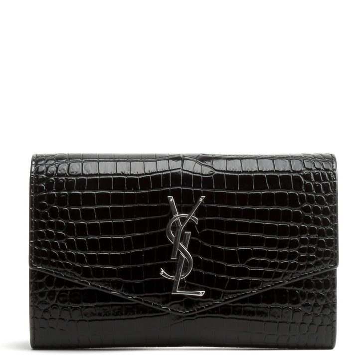 SAINT LAURENT Croc Embossed Uptown Chain Wallet - Black