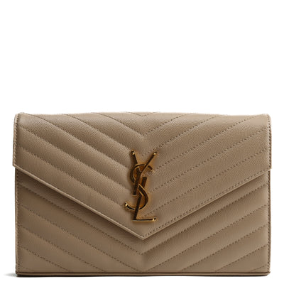 SAINT LAURENT Cassandre Envelope Chain Wallet - Dark Beige