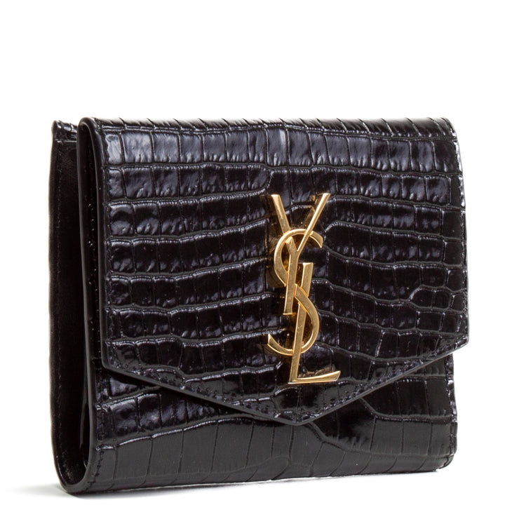 SAINT LAURENT Croc Embossed Uptown Compact Wallet - Black