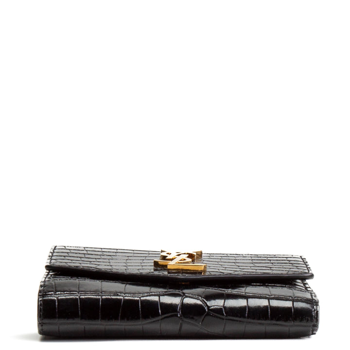 SAINT LAURENT Croc Embossed Uptown Compact Wallet - Black