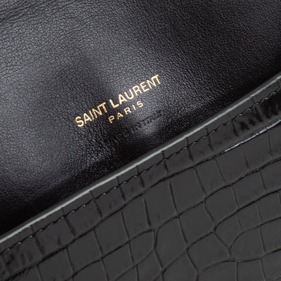 SAINT LAURENT Croc Embossed Cassandre Phone Holder - Black